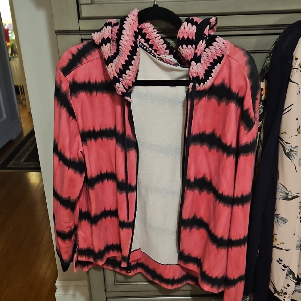 Alice + Olivia Pink and Black Striped Sweater With Crotched Hood Super Cute
